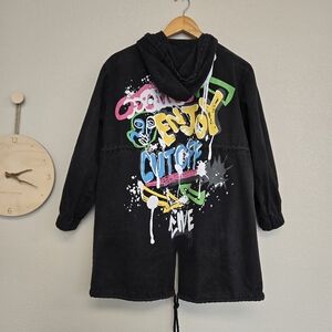 Kids Black Graphic Hooded Jacket